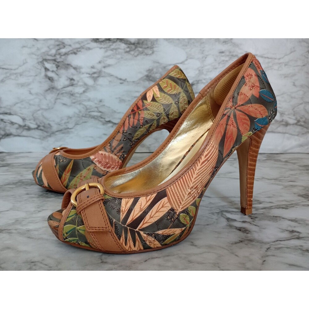 Delicious Fabric Woodsy Foliage Themed Peek Toe High Heel Shoes Size 9